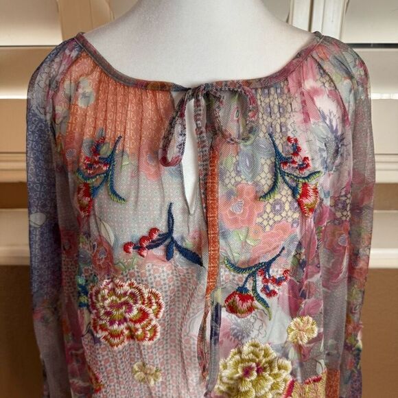 Johnny Was Biya Size XXL Calliope Floral Embroidered Mesh Top Hippie Art To Wear - Picture 2 of 8